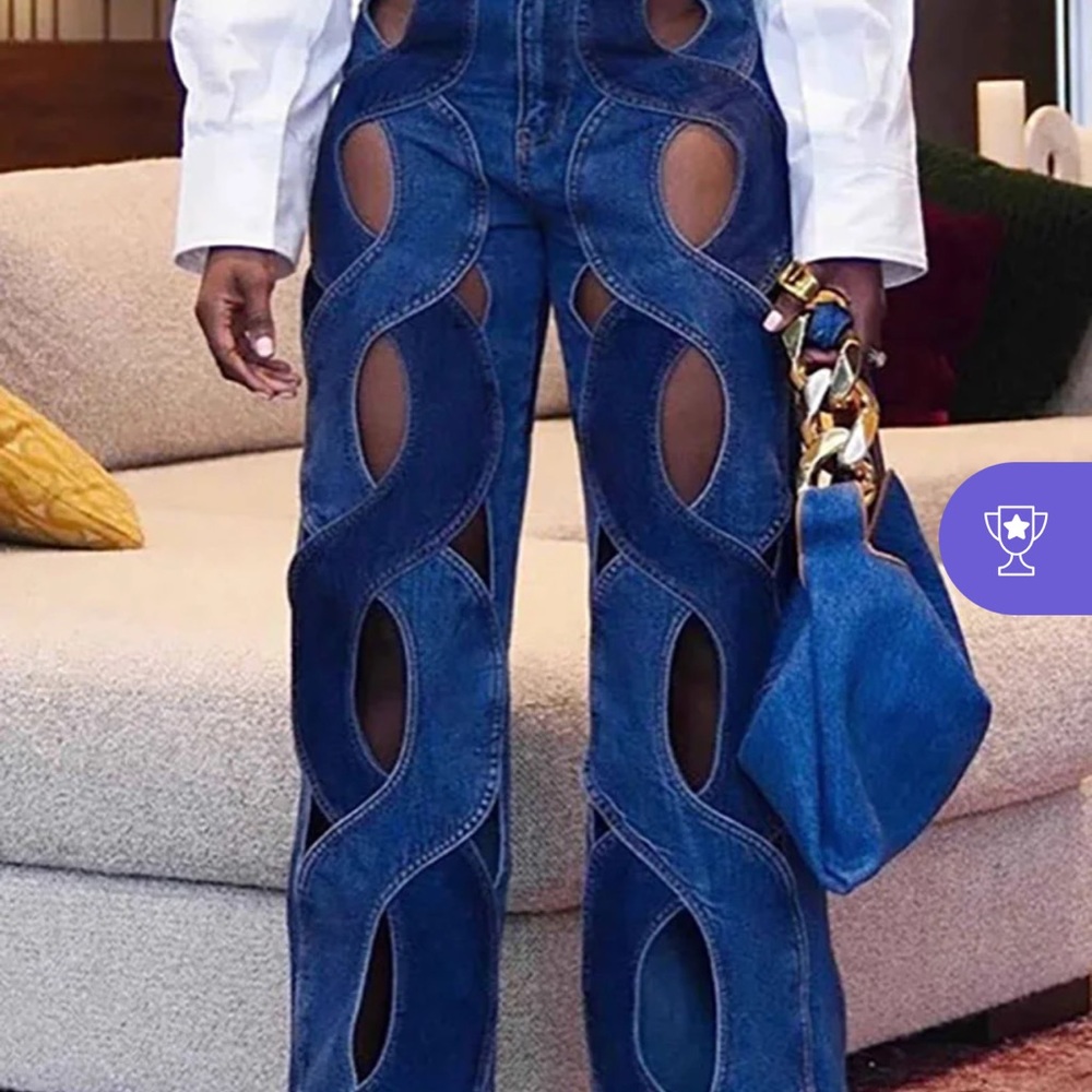 NWOT; Loragal; Denim-on-denim patchwork, boot cut jeans. Asymmetrical design.